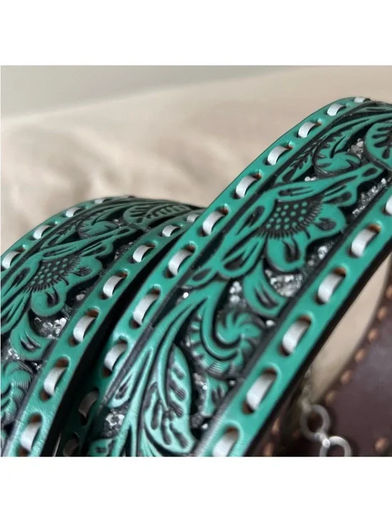 Nocona Turquoise Floral Tooled Leather Belt with Silver Conchos - Picture 2 of 8